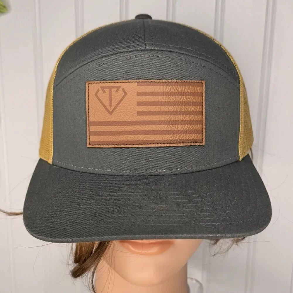 Richardson 168 USA Flag Charcoal Old Gold 7 Panel Trucker Leather Patch Hat Cap